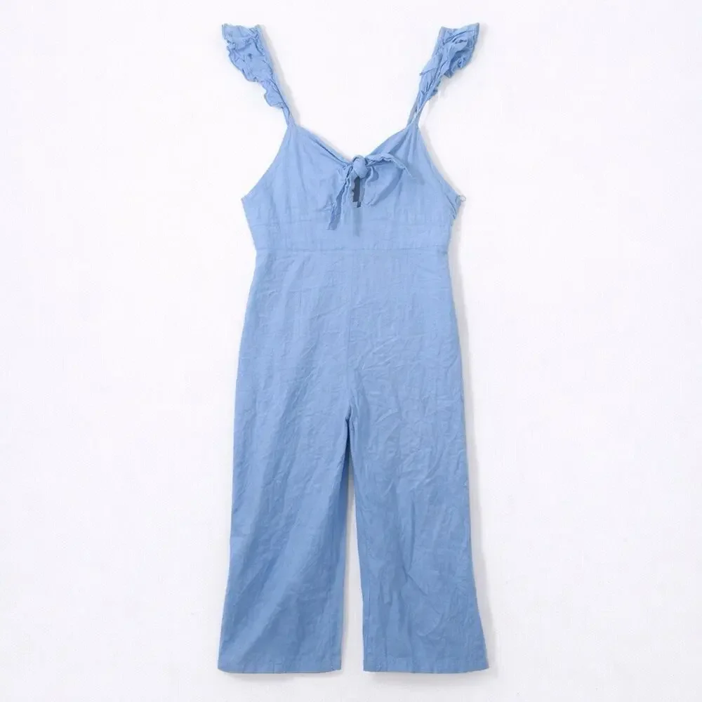 Zara Cottagecore Linen Blend Blue Cutout Wide Leg Romper Sz L Ruffle and Cut-Out